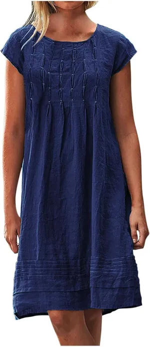 Linen Dress for Women Pleated Summer Dresses Round Neck Short Sleeve Sundress Casual Vacation A Line Dress Plus Size