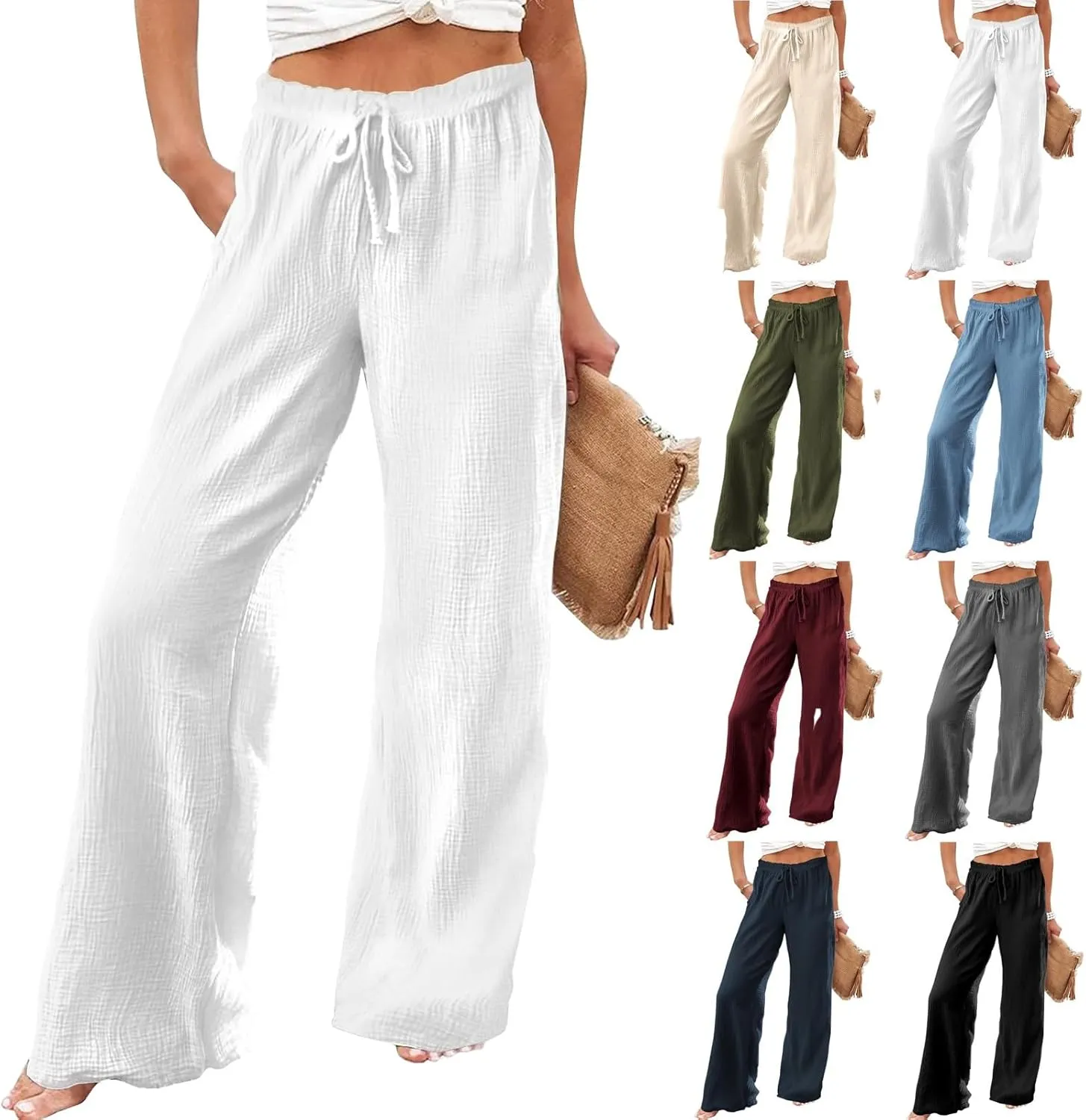 Linen Dress Pants Woman Summer Casual Wide Leg Pants High Waist Boho Pants Comfy Straight Leg Trousers with Pockets