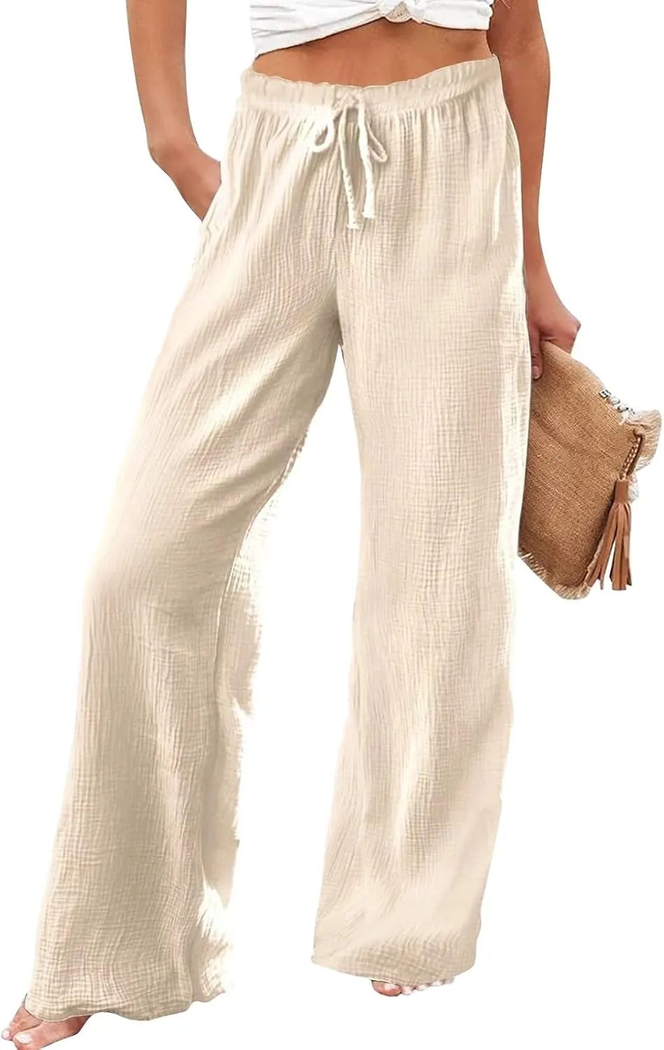 Linen Dress Pants Woman Summer Casual Wide Leg Pants High Waist Boho Pants Comfy Straight Leg Trousers with Pockets