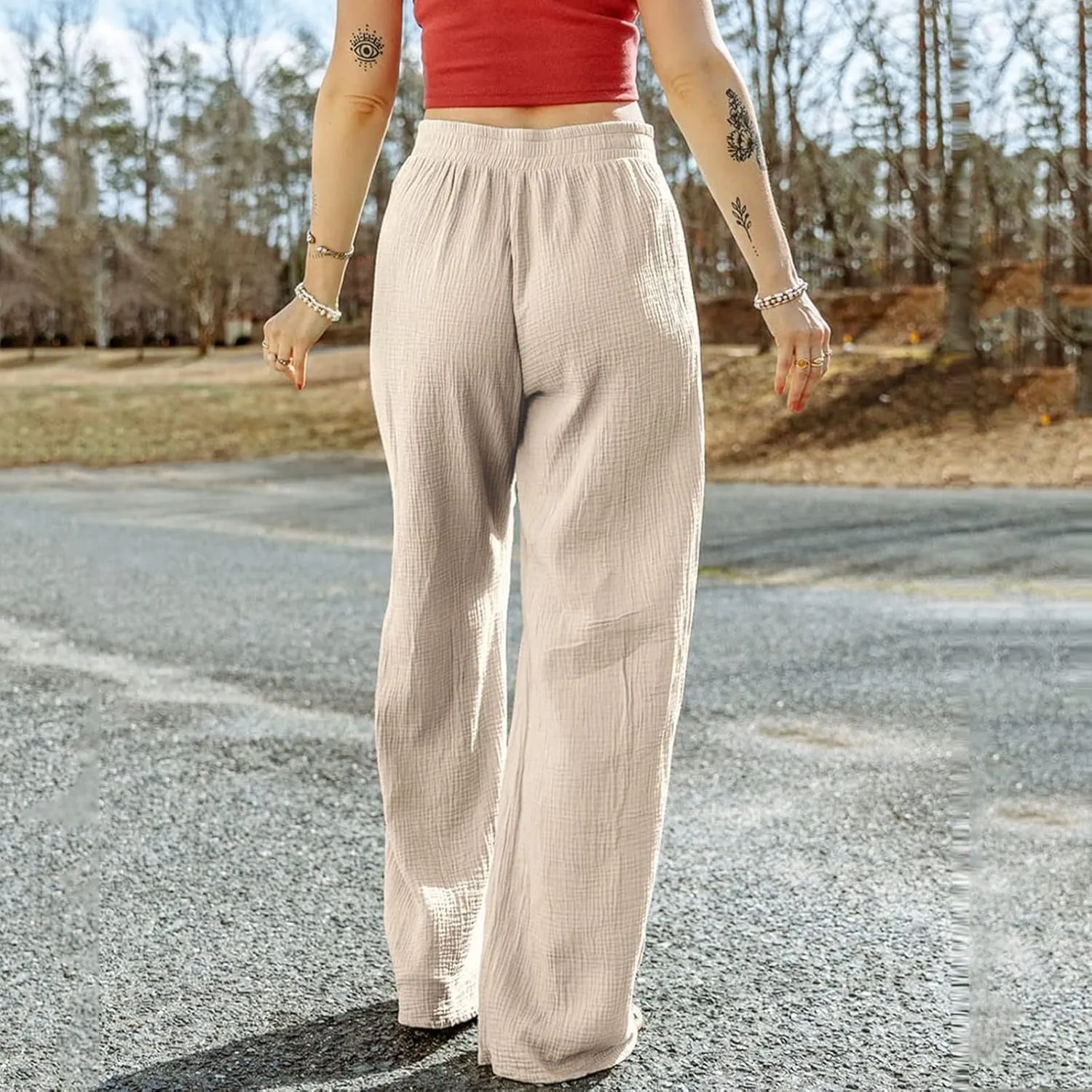 Linen Dress Pants Woman Summer Casual Wide Leg Pants High Waist Boho Pants Comfy Straight Leg Trousers with Pockets