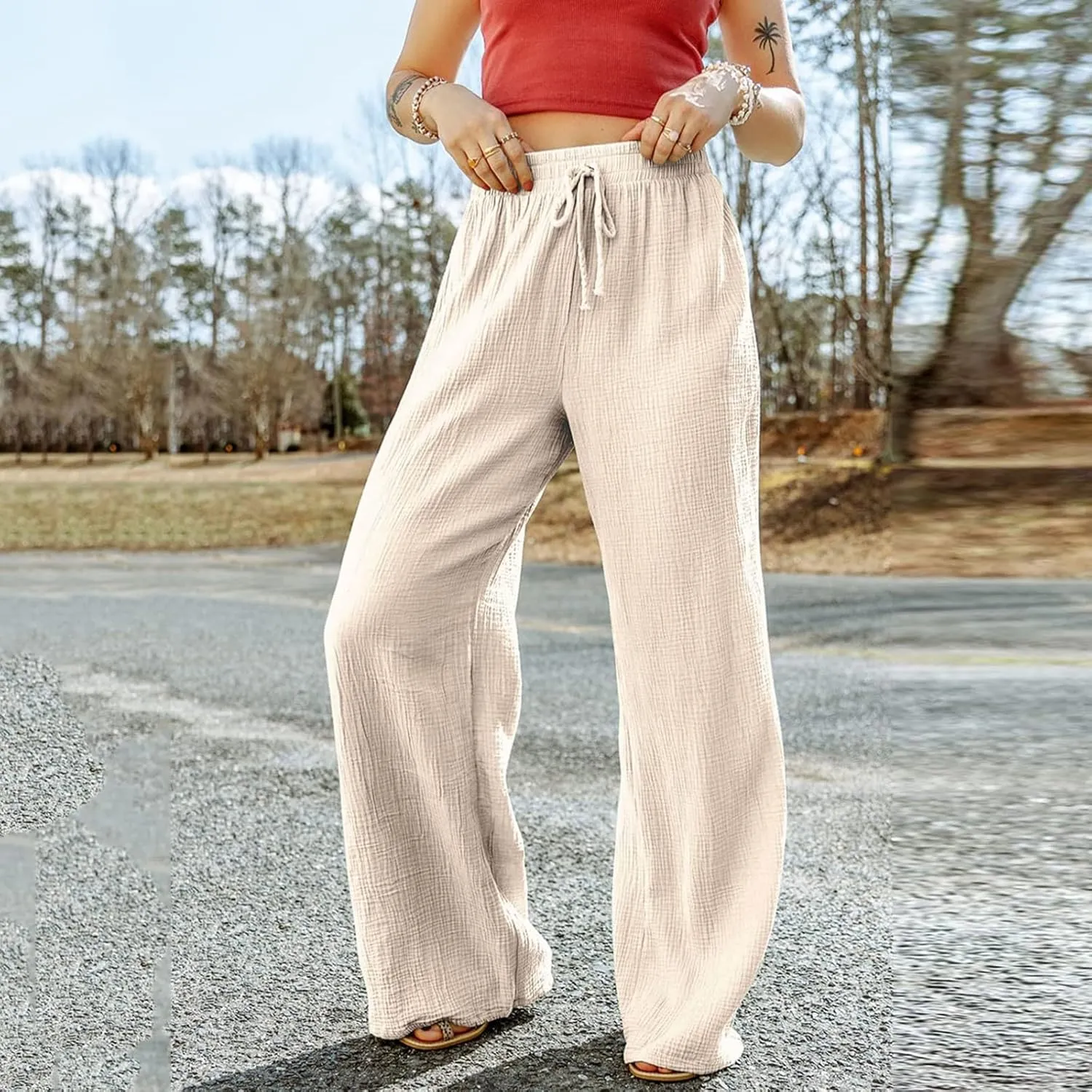 Linen Dress Pants Woman Summer Casual Wide Leg Pants High Waist Boho Pants Comfy Straight Leg Trousers with Pockets