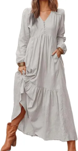 Linen Dress Women Button Front V Neck Long Sleeve Dress Pleated Tiered Ruffle Bottom Maxi Fall Dresses with Pockets