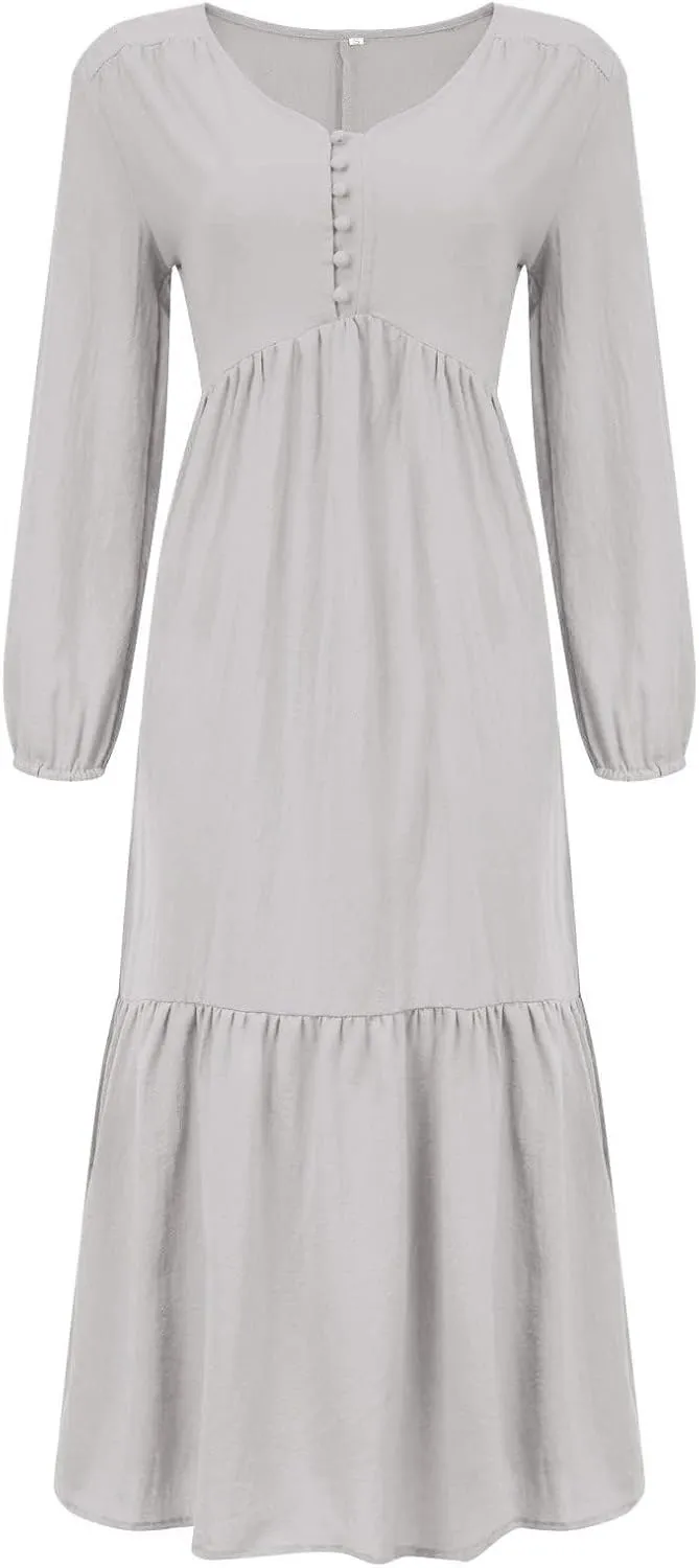 Linen Dress Women Button Front V Neck Long Sleeve Dress Pleated Tiered Ruffle Bottom Maxi Fall Dresses with Pockets
