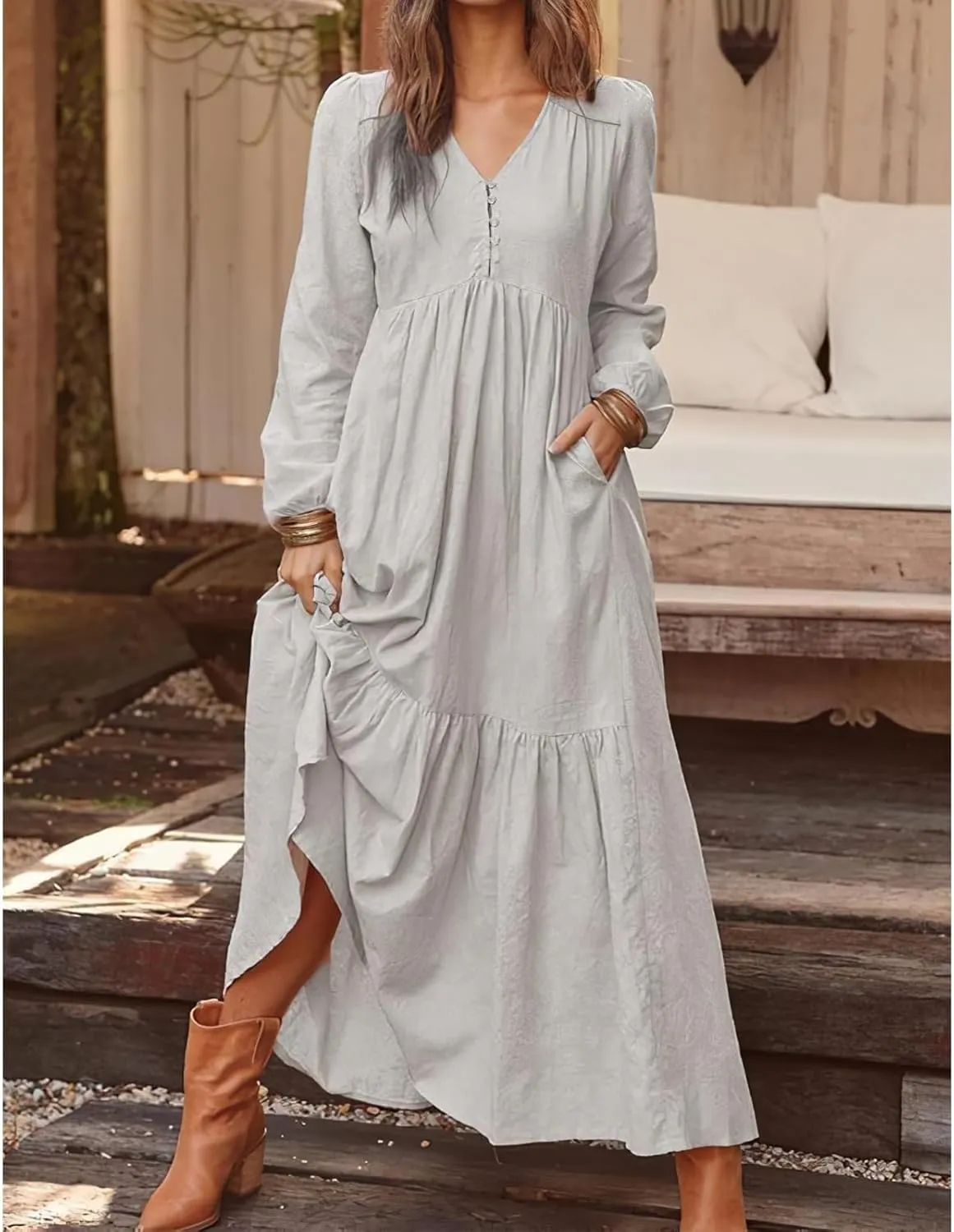 Linen Dress Women Button Front V Neck Long Sleeve Dress Pleated Tiered Ruffle Bottom Maxi Fall Dresses with Pockets