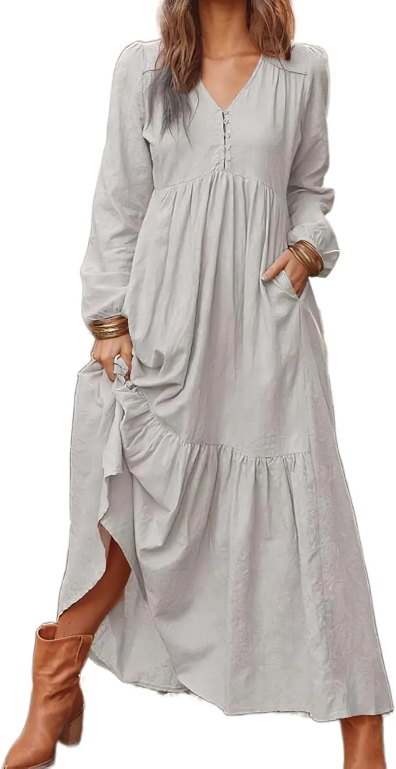 Linen Dress Women Button Front V Neck Long Sleeve Dress Pleated Tiered Ruffle Bottom Maxi Fall Dresses with Pockets