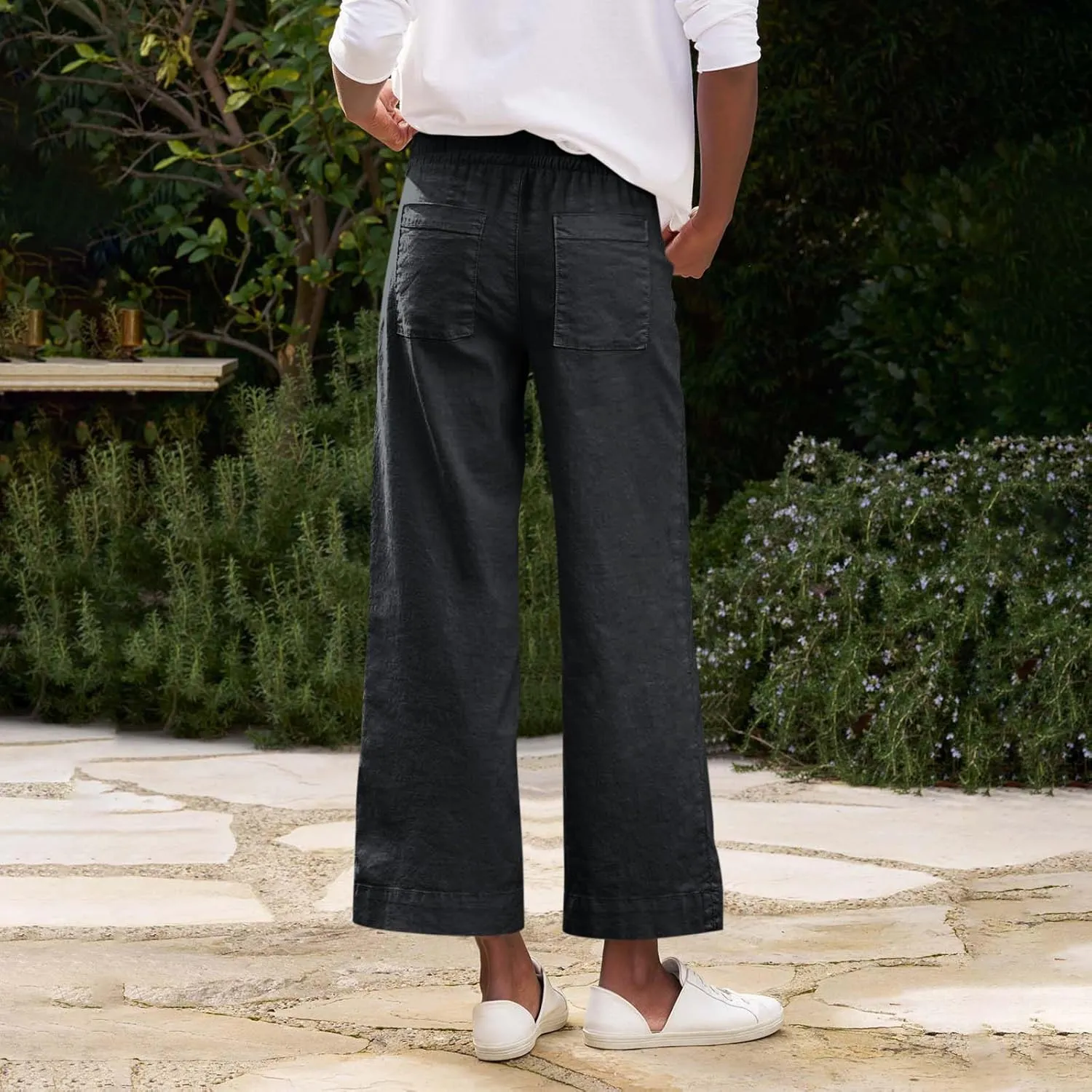 Linen Palazzo Pants for Women Casual Drawstring High Waisted Cropped Wide Leg Pants Flowy Beach Capris with Pockets