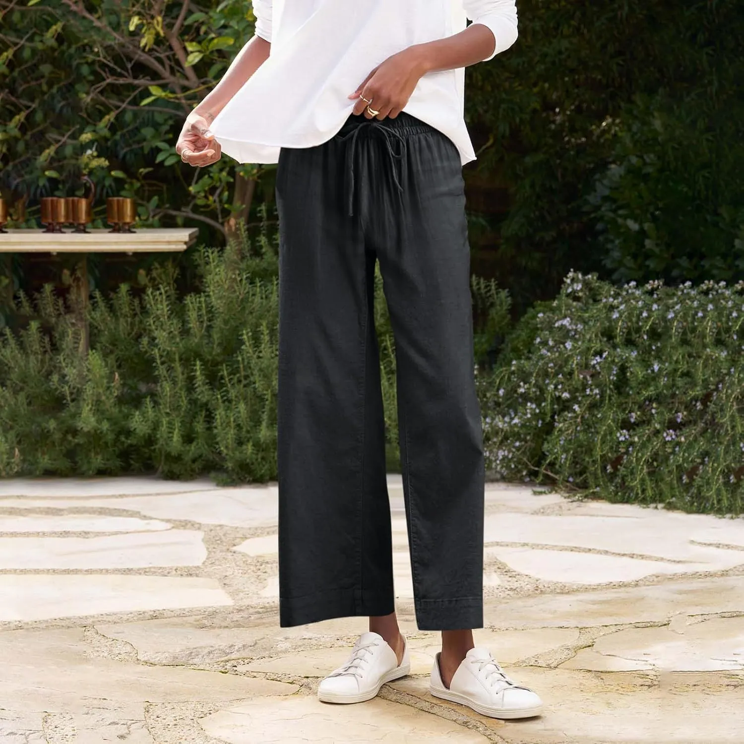Linen Palazzo Pants for Women Casual Drawstring High Waisted Cropped Wide Leg Pants Flowy Beach Capris with Pockets