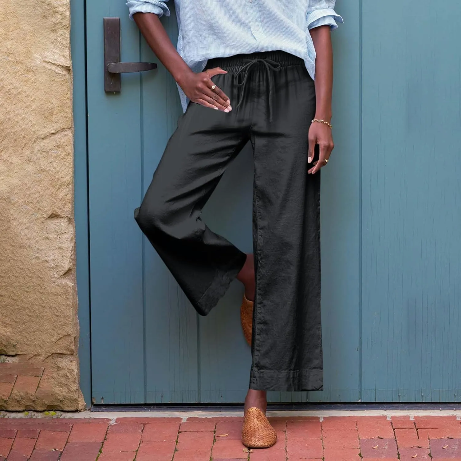 Linen Palazzo Pants for Women Casual Drawstring High Waisted Cropped Wide Leg Pants Flowy Beach Capris with Pockets