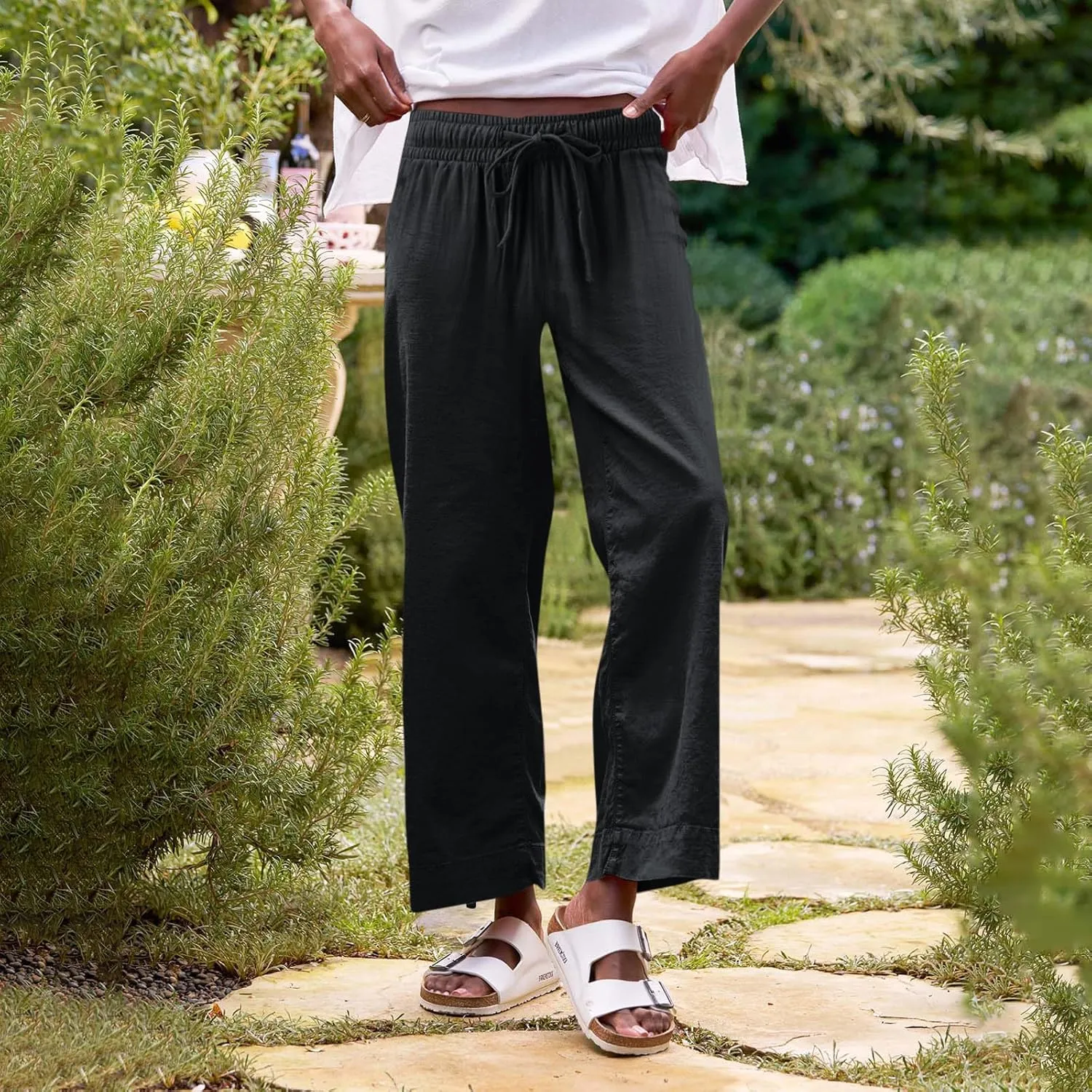 Linen Palazzo Pants for Women Casual Drawstring High Waisted Cropped Wide Leg Pants Flowy Beach Capris with Pockets