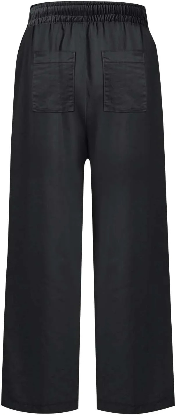 Linen Palazzo Pants for Women Casual Drawstring High Waisted Cropped Wide Leg Pants Flowy Beach Capris with Pockets