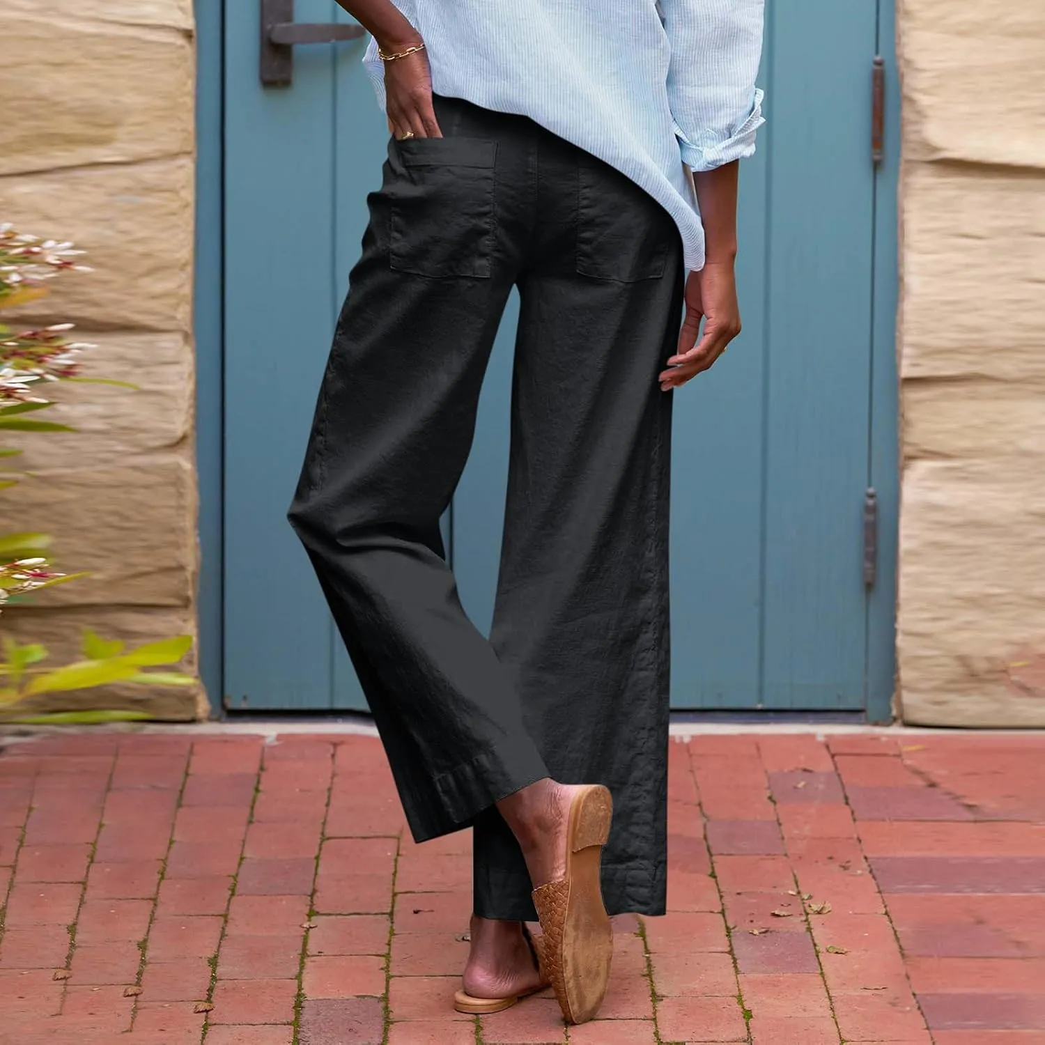 Linen Palazzo Pants for Women Casual Drawstring High Waisted Cropped Wide Leg Pants Flowy Beach Capris with Pockets