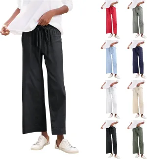 Linen Palazzo Pants for Women Casual Drawstring High Waisted Cropped Wide Leg Pants Flowy Beach Capris with Pockets