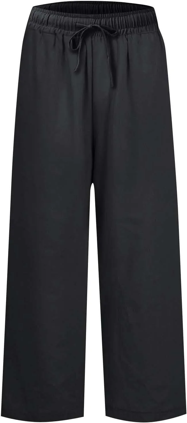 Linen Palazzo Pants for Women Casual Drawstring High Waisted Cropped Wide Leg Pants Flowy Beach Capris with Pockets