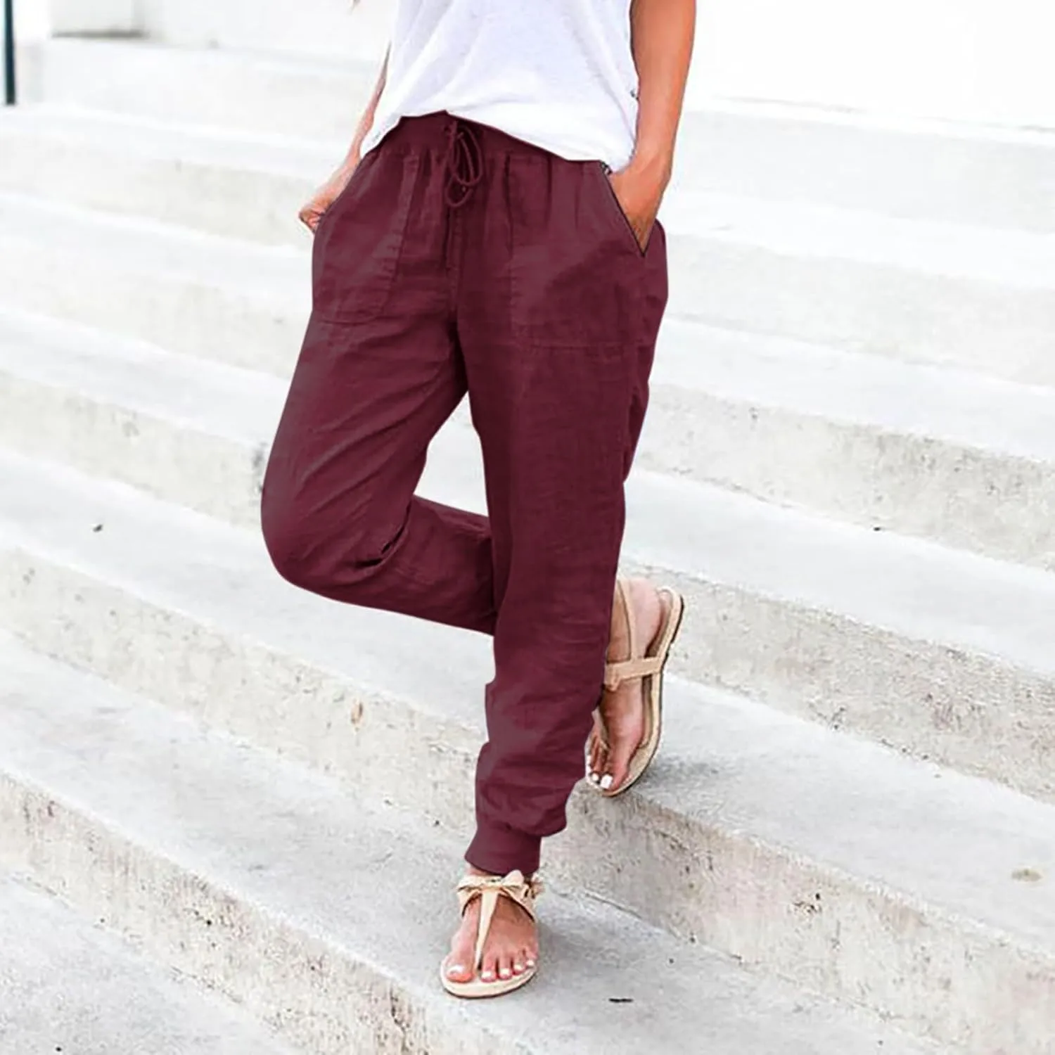 Linen Palazzo Pants for Women Casual High Waist Lightweight Summer Palazzo Trouser with Pockets Ladies Wide Leg Pants