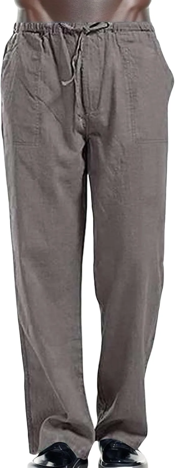 linen pants for men loose fit, beach pants for men big and tall, Linen Pants for Men, Mens Casual Cotton Pants Drawstring Elastic Waist Straight Legs Pants Summer Beach Trousers