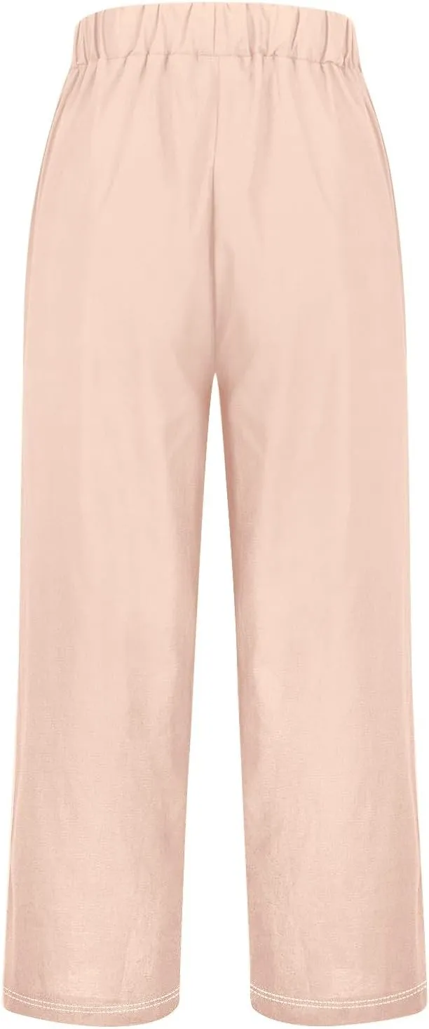 Linen Pants for Women 2025 High Waisted Wide Leg Trousers Trendy Solid Striped Elastic Waist Summer Gauze Capri Pants