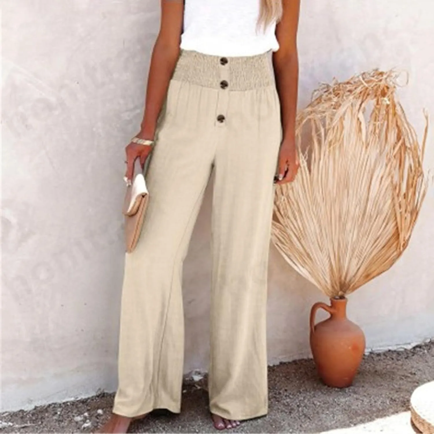 Linen Pants for Women Casual Flowy Loose Fit Wide Leg Trousers Summer High Waisted Beach Palazzo Pants with Pockets