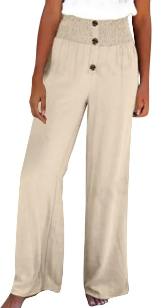 Linen Pants for Women Casual Flowy Loose Fit Wide Leg Trousers Summer High Waisted Beach Palazzo Pants with Pockets
