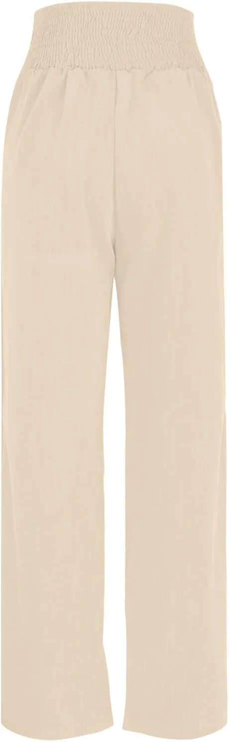 Linen Pants for Women Casual Flowy Loose Fit Wide Leg Trousers Summer High Waisted Beach Palazzo Pants with Pockets