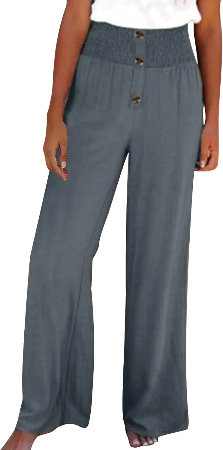 Linen Pants for Women Casual Flowy Loose Fit Wide Leg Trousers Summer High Waisted Beach Palazzo Pants with Pockets