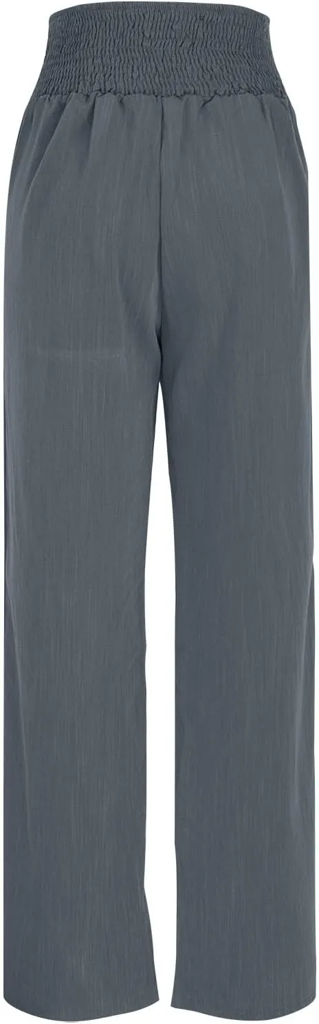 Linen Pants for Women Casual Flowy Loose Fit Wide Leg Trousers Summer High Waisted Beach Palazzo Pants with Pockets
