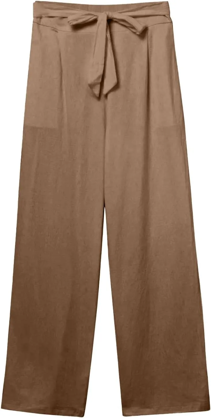 Linen Pants for Women Drawstring Elastic High Waisted Straight Leg Pants with Pockets Summer Casual Boho Beach Trouser