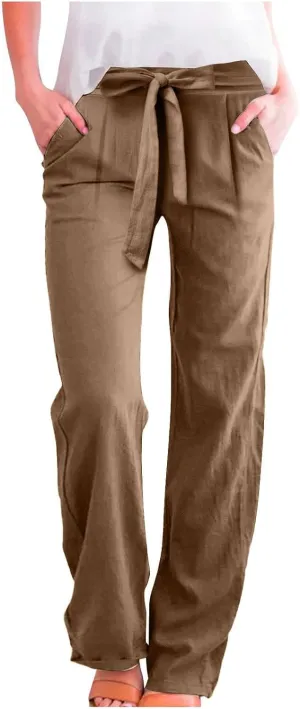Linen Pants for Women Drawstring Elastic High Waisted Straight Leg Pants with Pockets Summer Casual Boho Beach Trouser