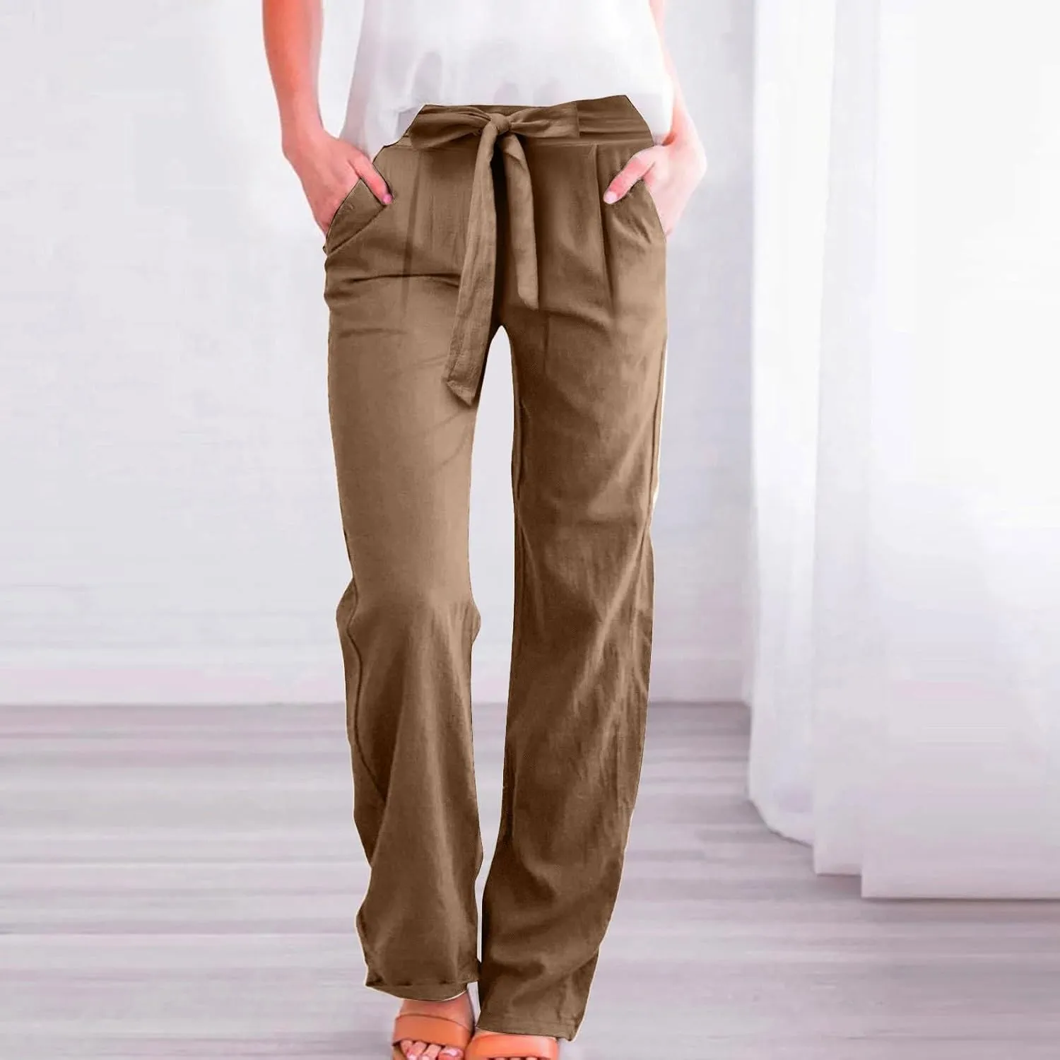 Linen Pants for Women Drawstring Elastic High Waisted Straight Leg Pants with Pockets Summer Casual Boho Beach Trouser