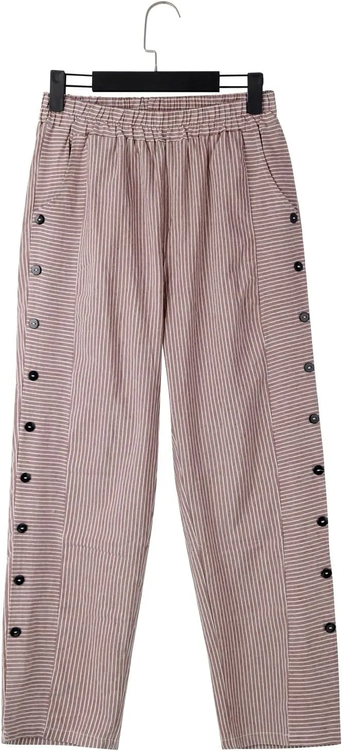 Linen Pants for Women Solid Cropped Side Elastic Waist Capris Straight Leg Summer Beach Casual Trousers with Pockets