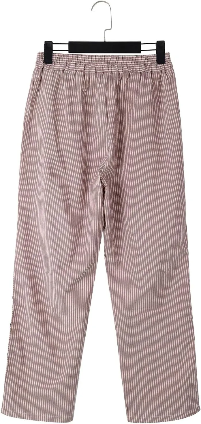 Linen Pants for Women Solid Cropped Side Elastic Waist Capris Straight Leg Summer Beach Casual Trousers with Pockets