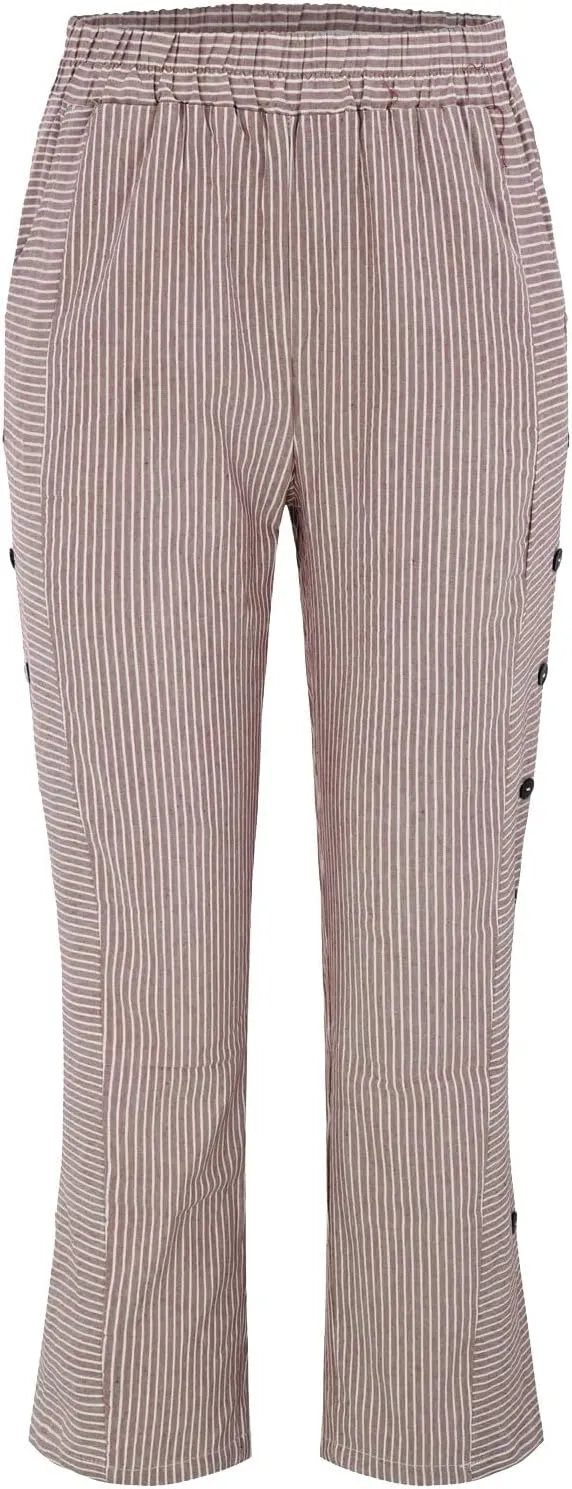 Linen Pants for Women Solid Cropped Side Elastic Waist Capris Straight Leg Summer Beach Casual Trousers with Pockets