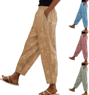 Linen Pants for Women Straight Leg Trousers with Pockets Summer Beachwear Elastic Waist Floral Print Pants