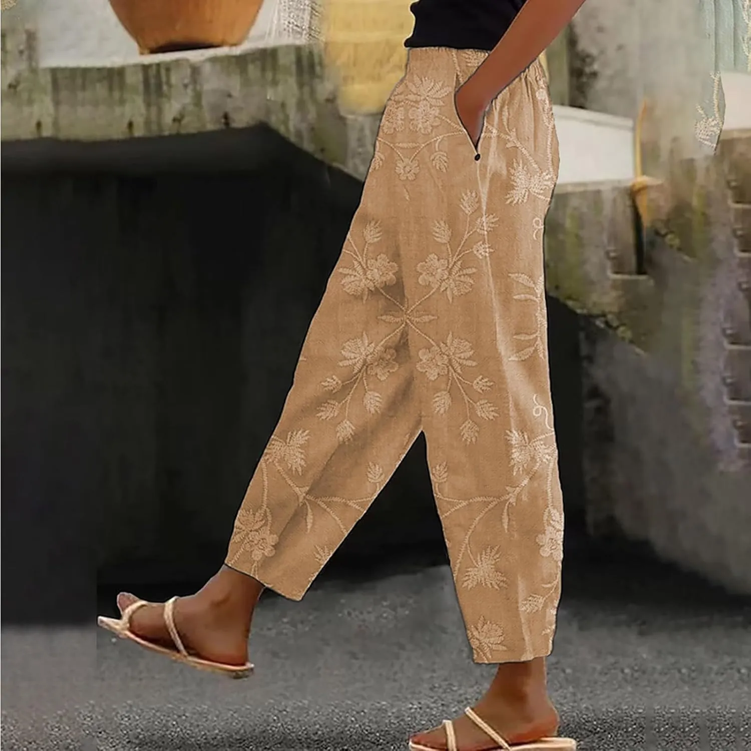 Linen Pants for Women Straight Leg Trousers with Pockets Summer Beachwear Elastic Waist Floral Print Pants