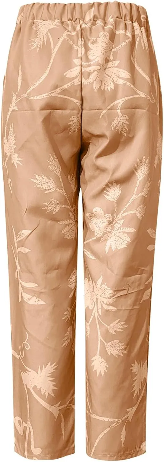 Linen Pants for Women Straight Leg Trousers with Pockets Summer Beachwear Elastic Waist Floral Print Pants