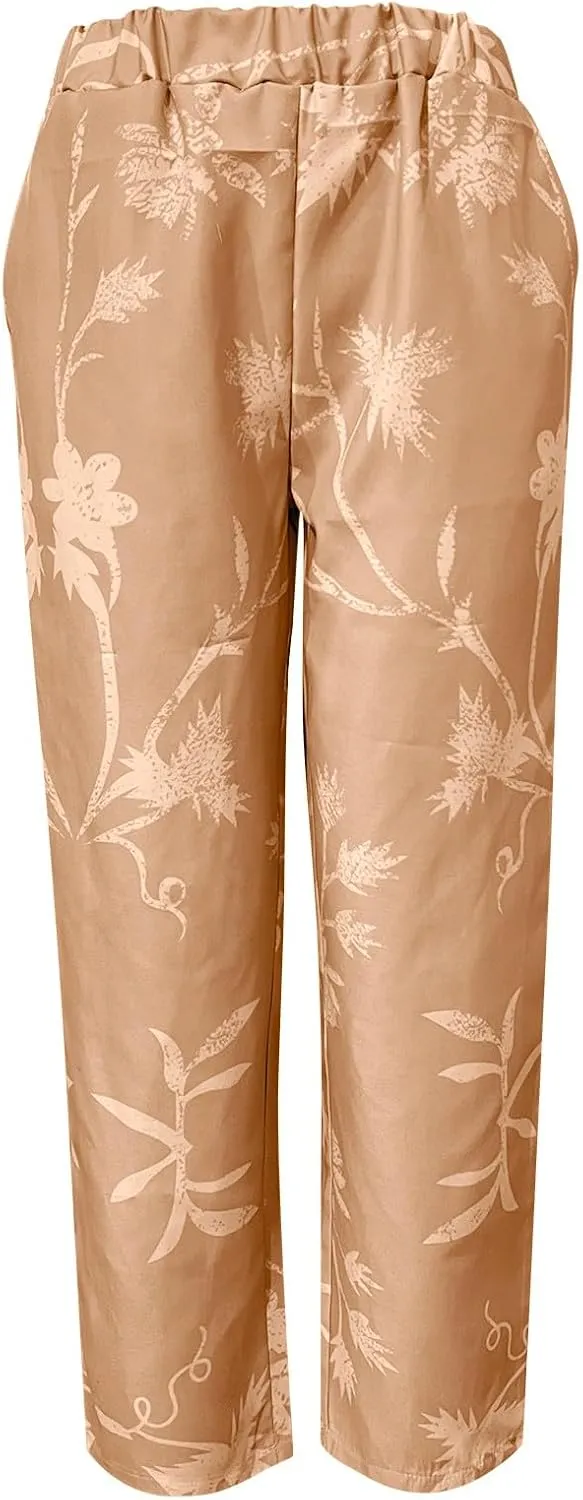 Linen Pants for Women Straight Leg Trousers with Pockets Summer Beachwear Elastic Waist Floral Print Pants