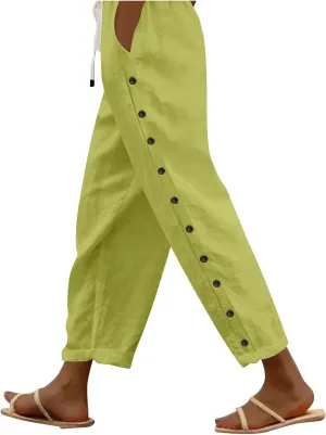 Linen Pants for Women Summer 2024 Striped Casual Elastic High Waist Straight Leg Loose Boho Trendy Trousers Plus Size
