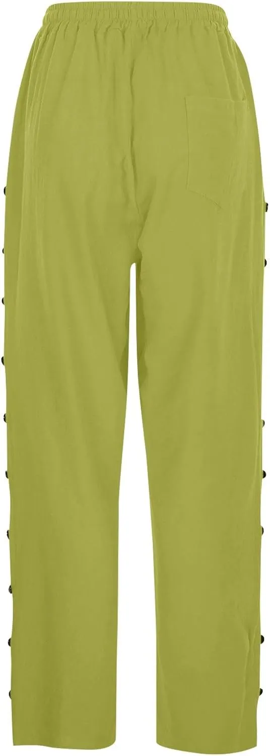 Linen Pants for Women Summer 2024 Striped Casual Elastic High Waist Straight Leg Loose Boho Trendy Trousers Plus Size