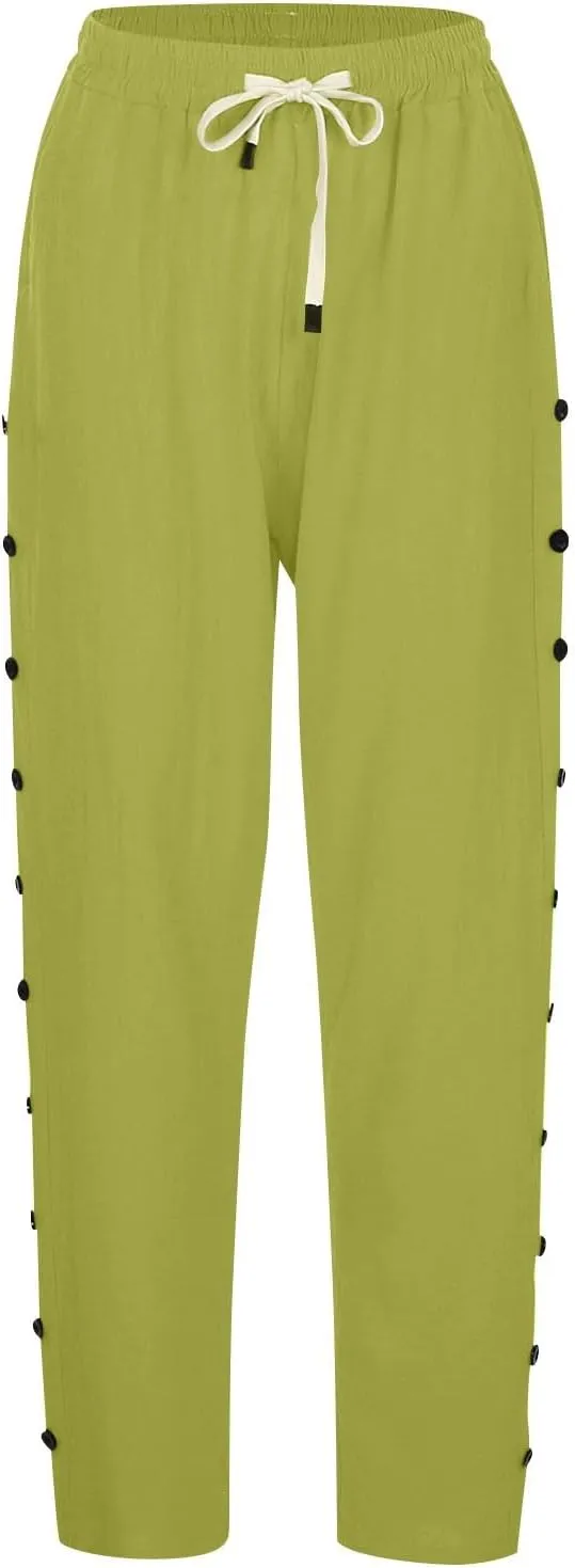 Linen Pants for Women Summer 2024 Striped Casual Elastic High Waist Straight Leg Loose Boho Trendy Trousers Plus Size