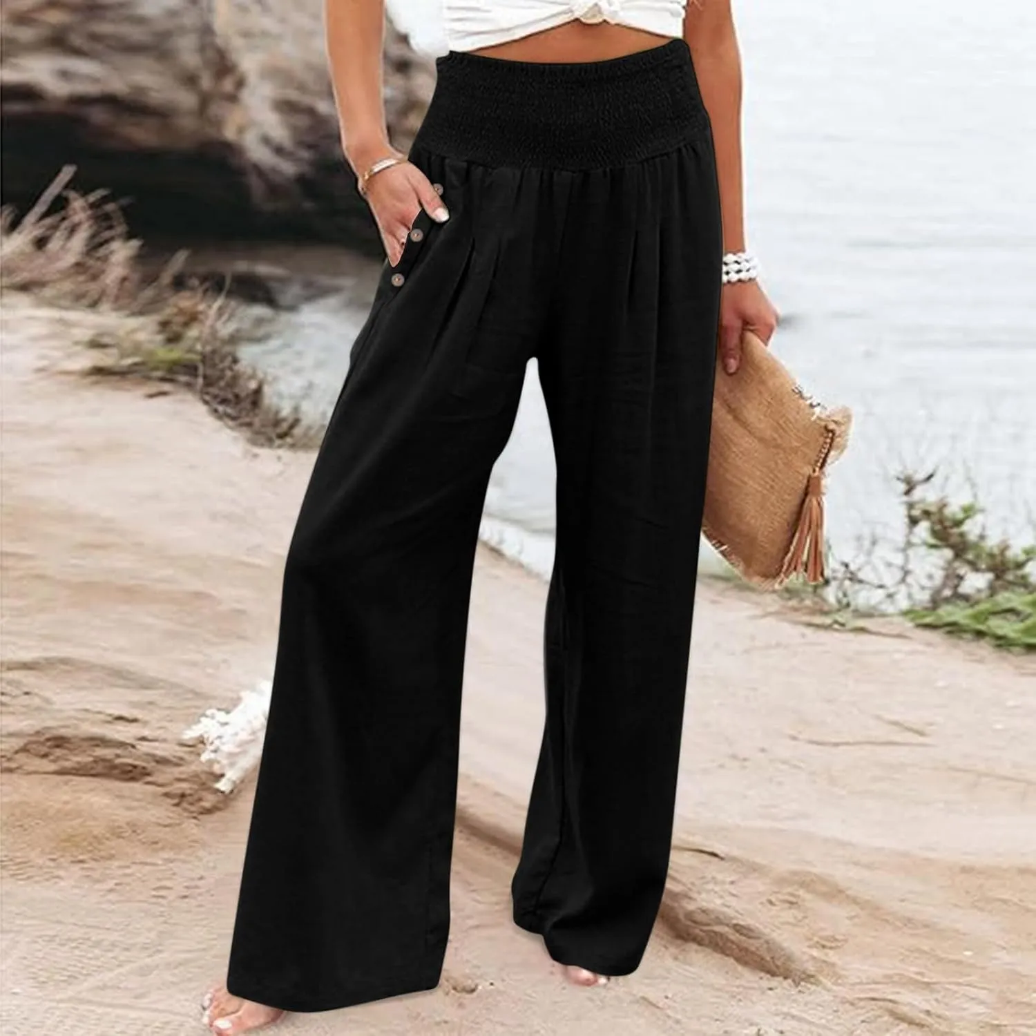 Linen Pants for Women Summer 2025 Casual Drawstring Elastic Waist Long Slacks Wide Leg Pant Lounge Trouser with Pocket