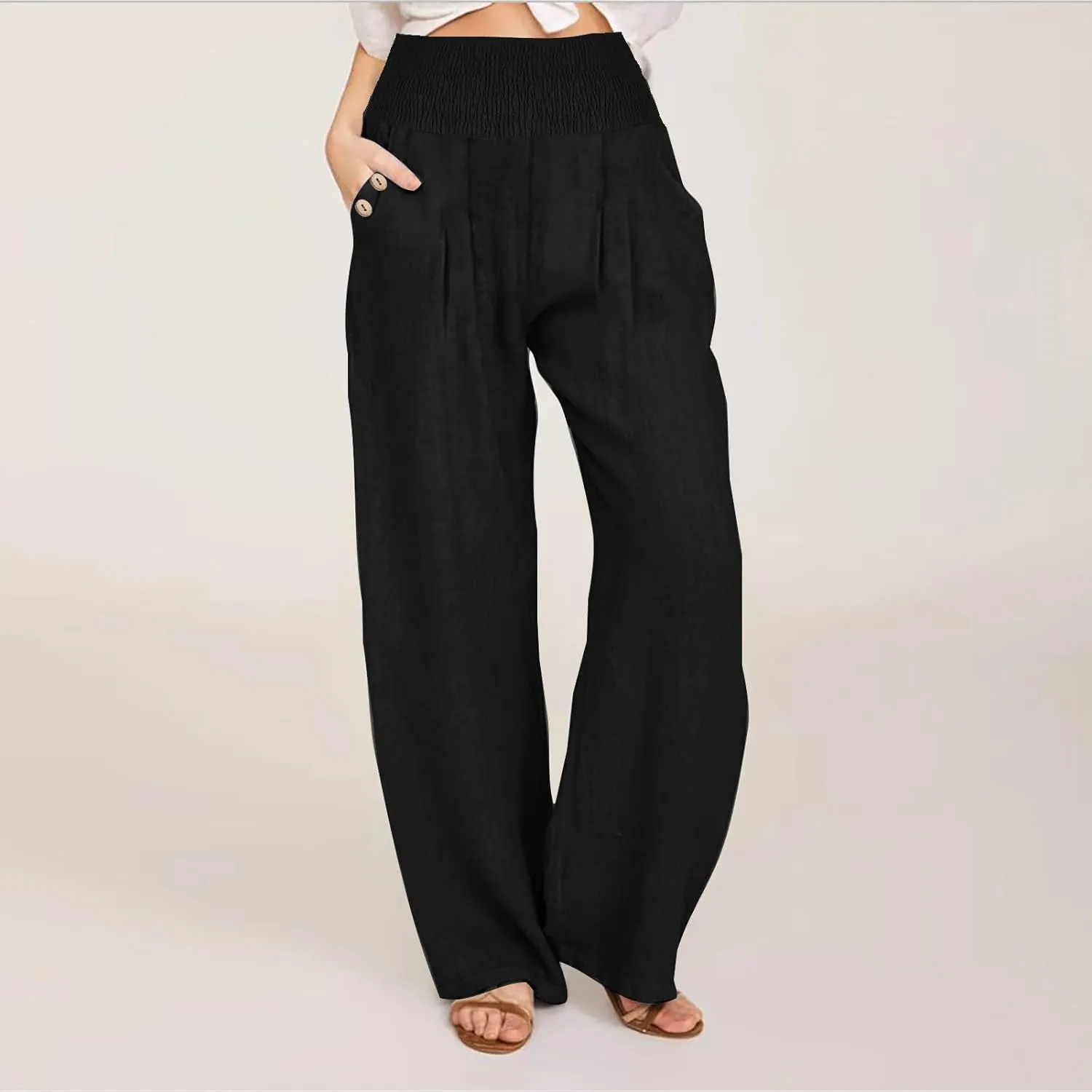 Linen Pants for Women Summer 2025 Casual Drawstring Elastic Waist Long Slacks Wide Leg Pant Lounge Trouser with Pocket
