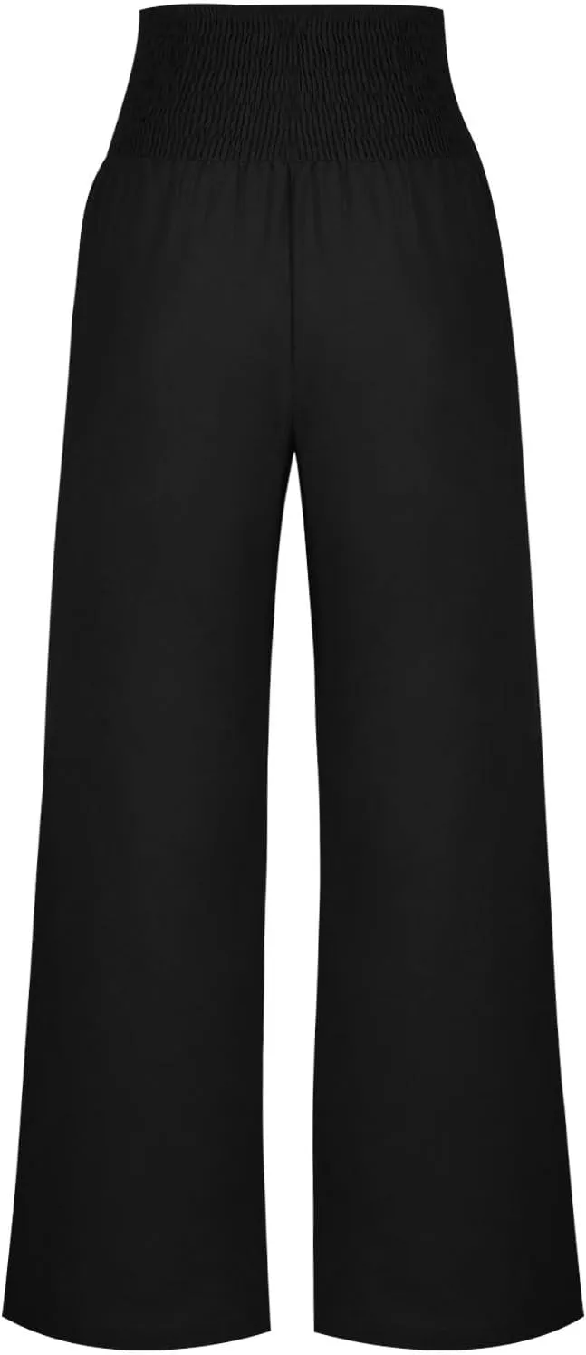 Linen Pants for Women Summer 2025 Casual Drawstring Elastic Waist Long Slacks Wide Leg Pant Lounge Trouser with Pocket
