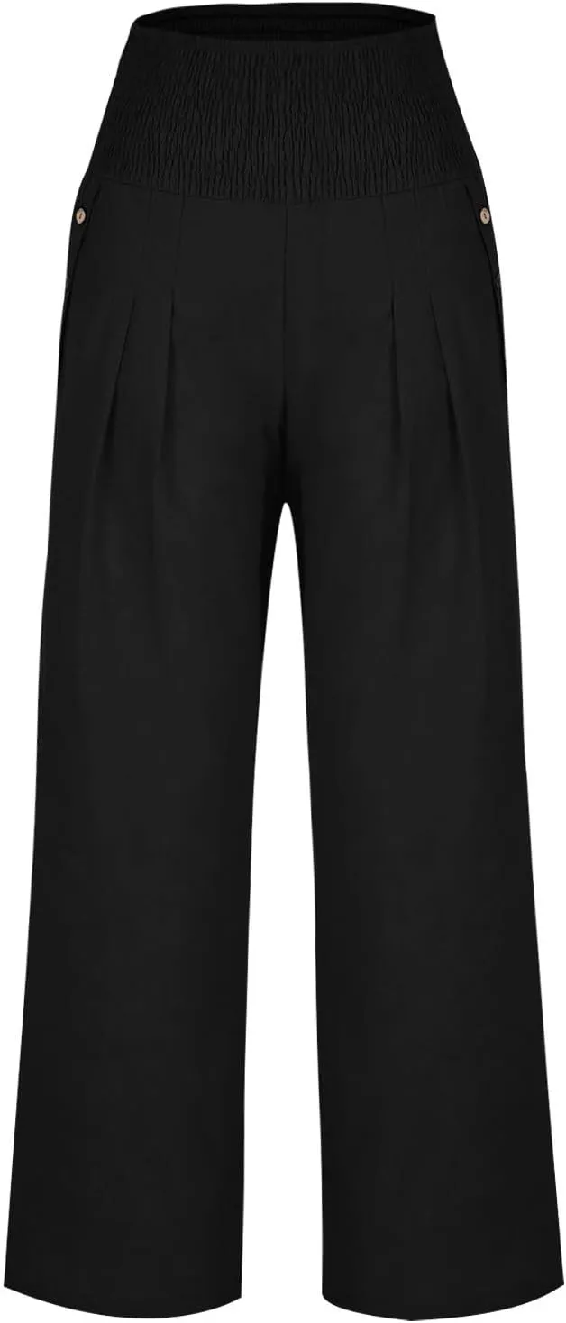Linen Pants for Women Summer 2025 Casual Drawstring Elastic Waist Long Slacks Wide Leg Pant Lounge Trouser with Pocket