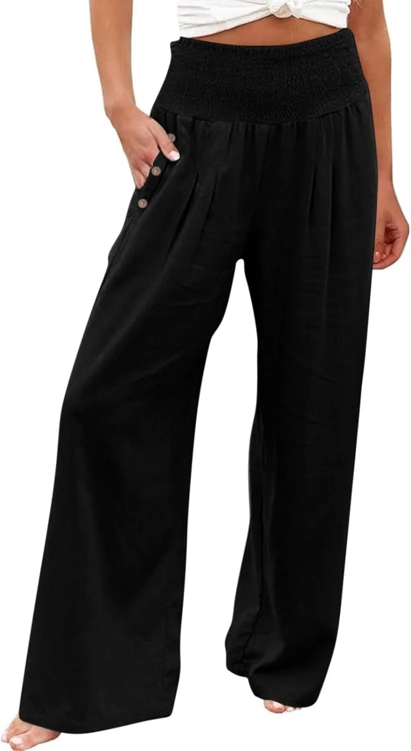 Linen Pants for Women Summer 2025 Casual Drawstring Elastic Waist Long Slacks Wide Leg Pant Lounge Trouser with Pocket