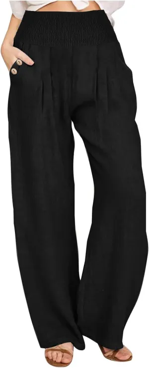 Linen Pants for Women Summer 2025 Casual Drawstring Elastic Waist Long Slacks Wide Leg Pant Lounge Trouser with Pocket