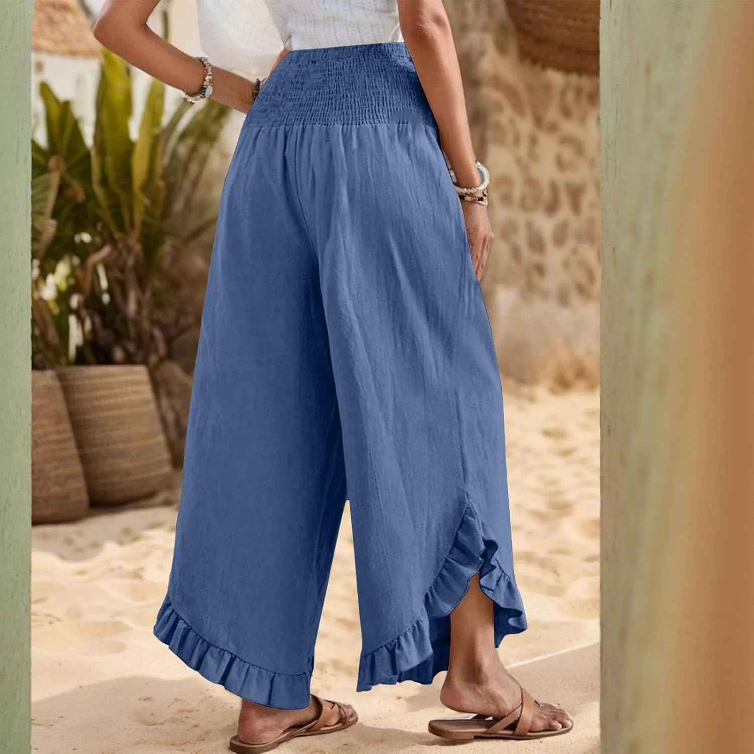 Linen Pants for Women Summer Wide Leg Ruffle Smocked Waist Palazzo Pant Boho Flowy Beach Casual Trouser with Pockets