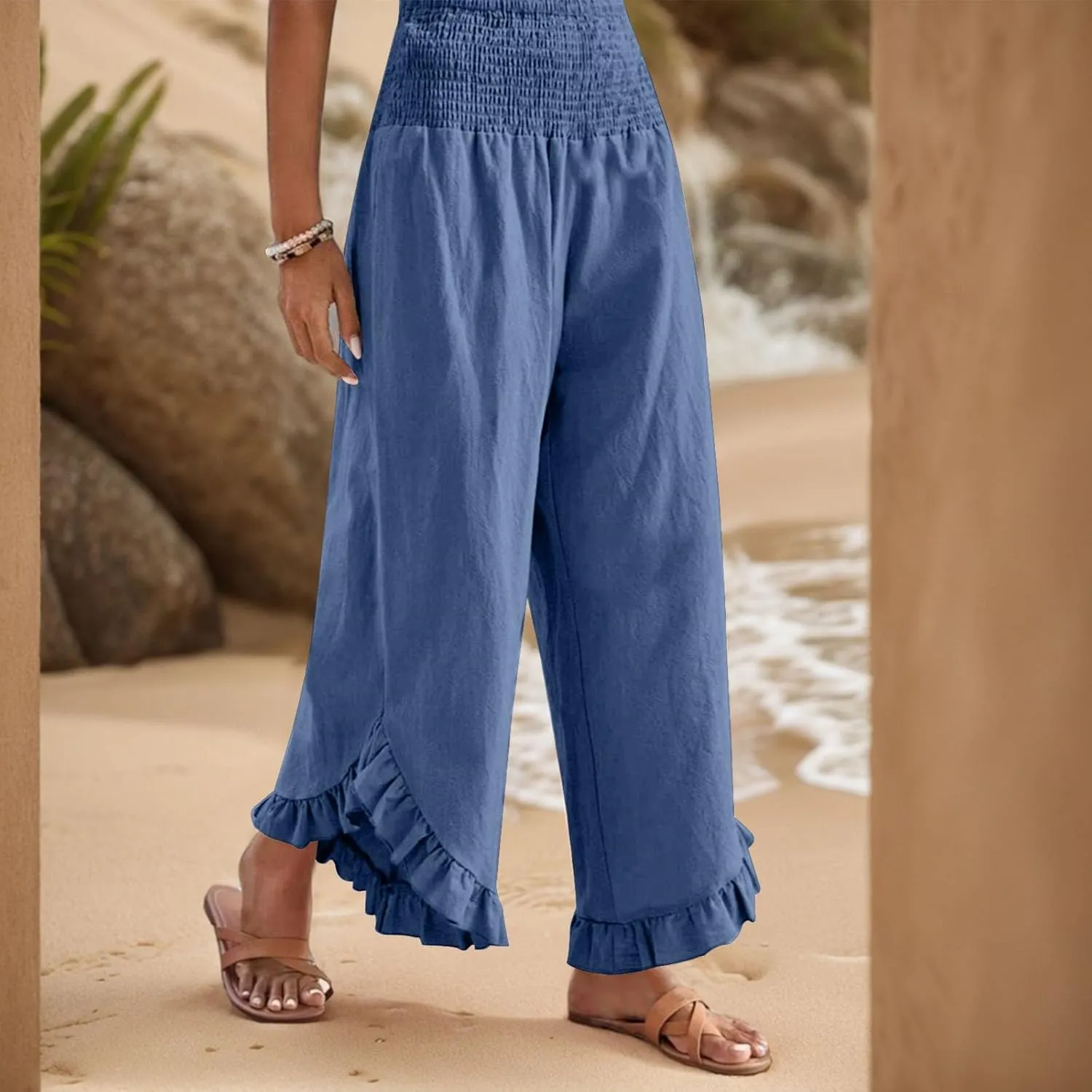 Linen Pants for Women Summer Wide Leg Ruffle Smocked Waist Palazzo Pant Boho Flowy Beach Casual Trouser with Pockets