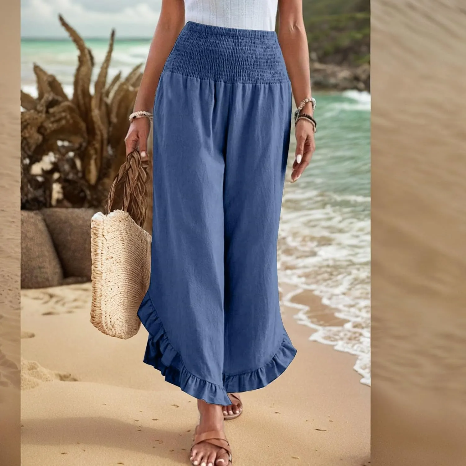 Linen Pants for Women Summer Wide Leg Ruffle Smocked Waist Palazzo Pant Boho Flowy Beach Casual Trouser with Pockets