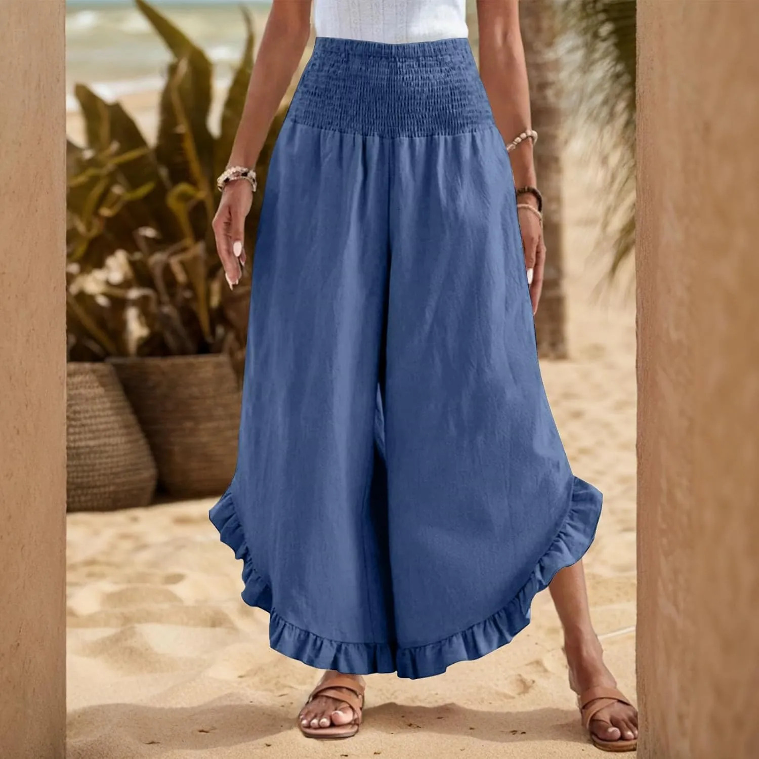 Linen Pants for Women Summer Wide Leg Ruffle Smocked Waist Palazzo Pant Boho Flowy Beach Casual Trouser with Pockets