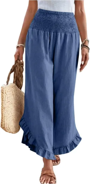 Linen Pants for Women Summer Wide Leg Ruffle Smocked Waist Palazzo Pant Boho Flowy Beach Casual Trouser with Pockets