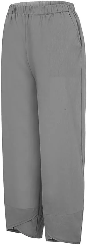 Linen Pants Wide Leg Trousers Trendy Lounge Pant Casual Elastic Waisted Linen Pants for Women Casual Work Pants